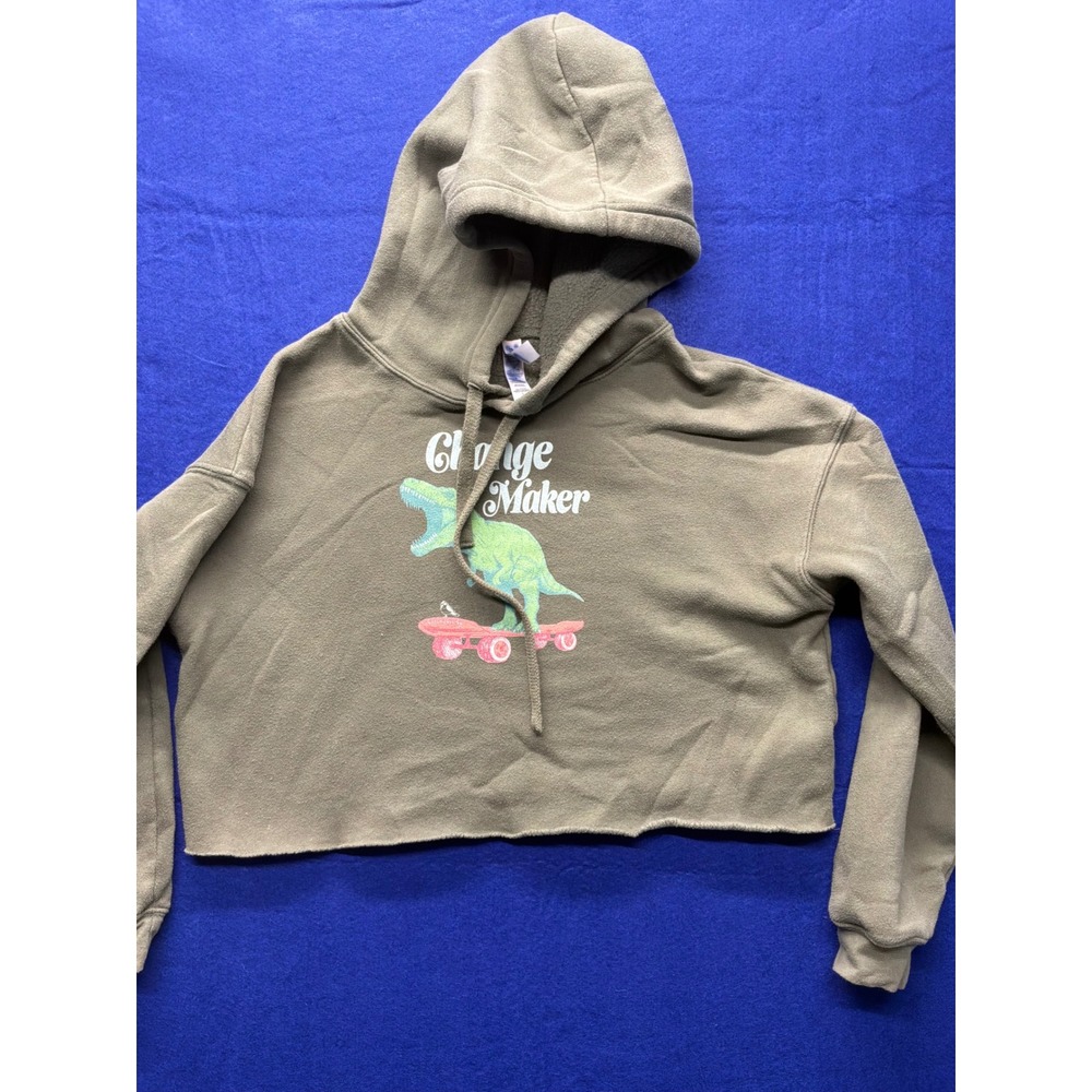 Bella + Canvas Graphic Hoodie Women Small Olive Green Change Maker T-Rex Skate